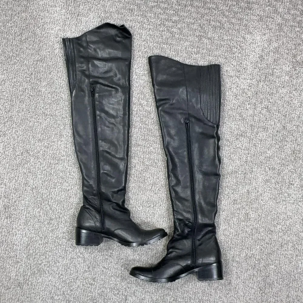 Dolce Vita Boots Womens 6.5 Black Over Knee Biker Buckle Zip Lug Sole Emo